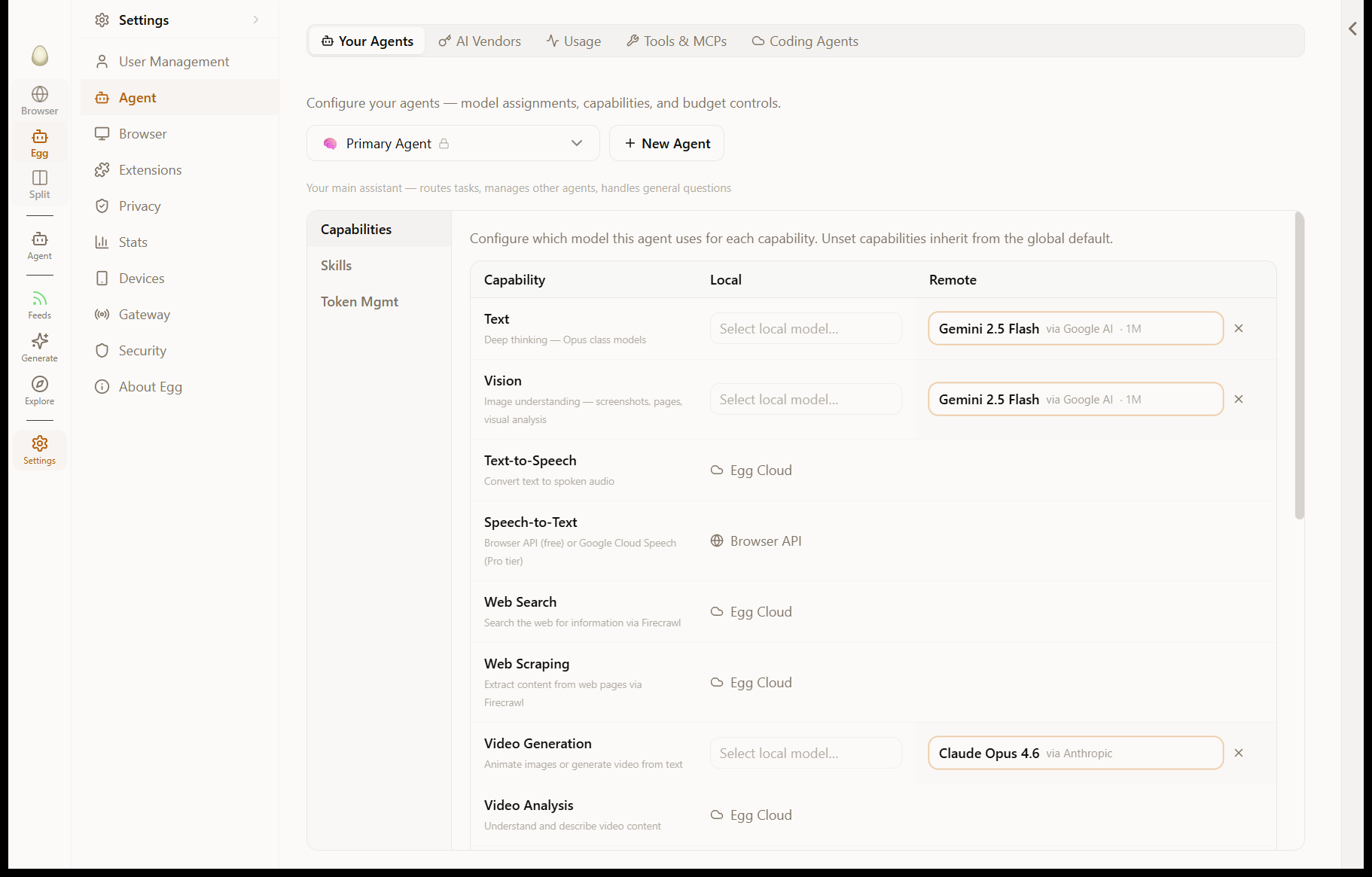 Egg's agent settings showing per-capability model routing: Gemini 2.5 Flash for text and vision, Claude Opus 4.6 for video generation, Egg Cloud for TTS and web search